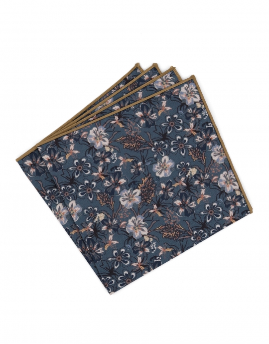 ENARE - FLORAL POCKET SQUARE - TEAL & CARAMEL