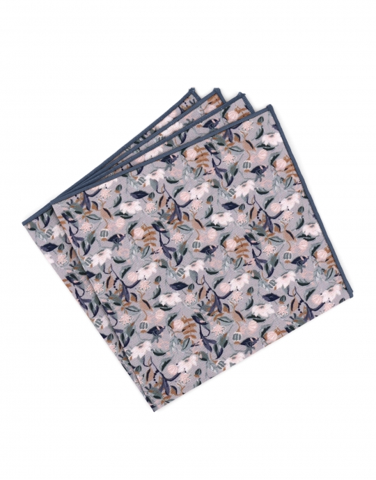 ORIVESI - FLORAL POCKET SQUARE - GREY, BLUE & GREEN