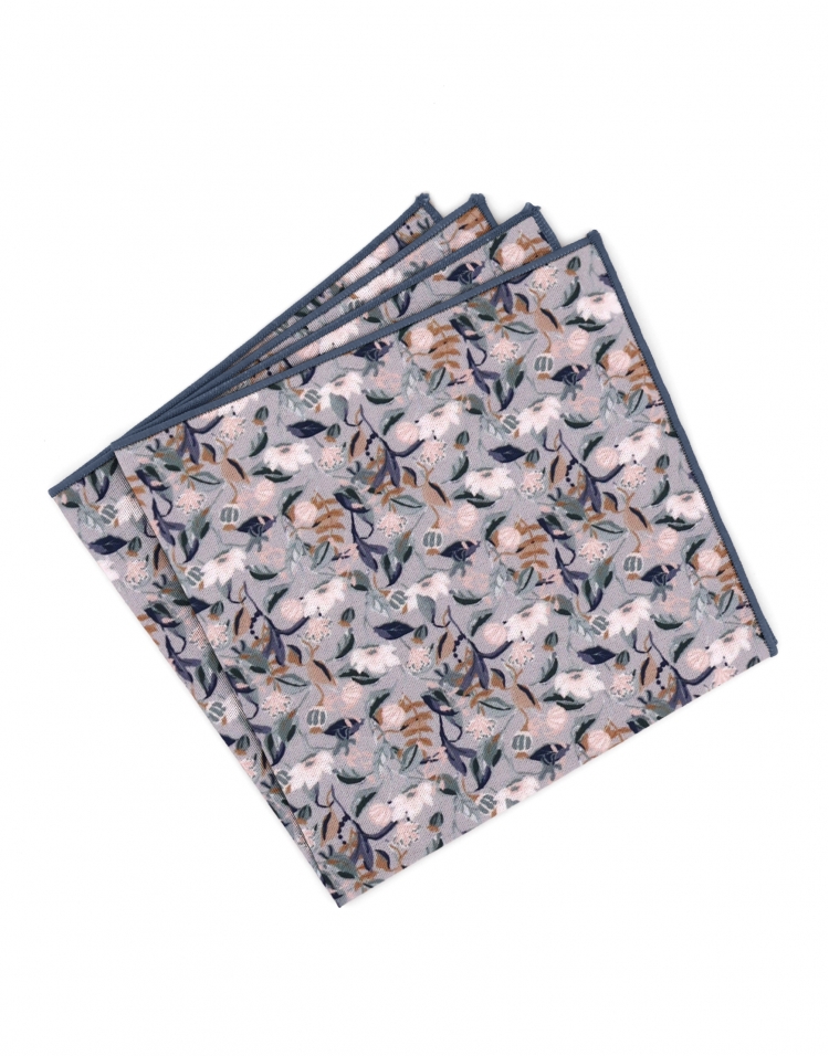 ORIVESI - FLORAL POCKET SQUARE - GREY, BLUE & GREEN