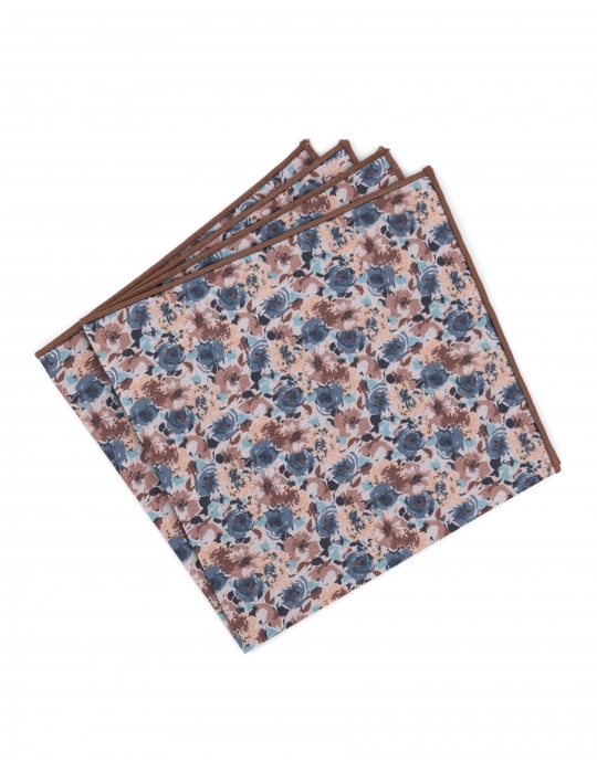 MALAR - FLORAL POCKET SQUARE - BLUE & BROWN