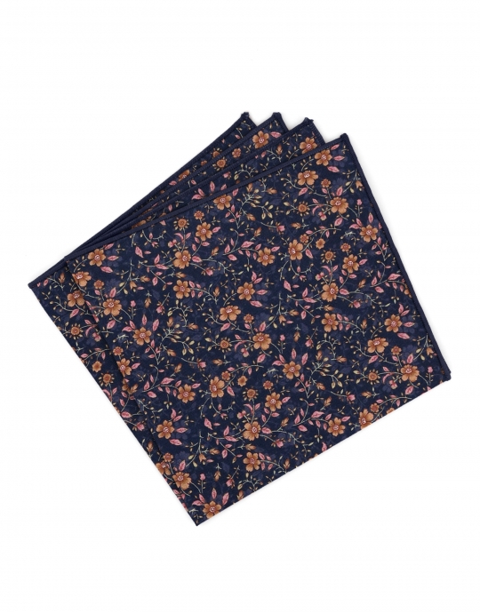 INARI - FLORAL POCKET SQUARE - NAVY BLUE, CARAMEL & PINK