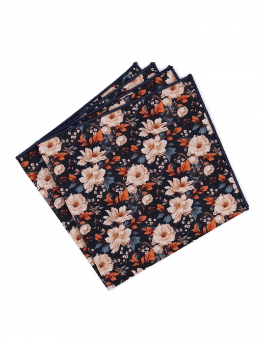 VOSTOK - FLORAL POCKET SQUARE - NAVY BLUE, BEIGE & ORANGE