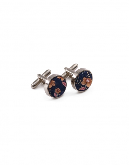 INARI - FLORAL CUFFLINKS - NAVY BLUE, CARAMEL & PINK