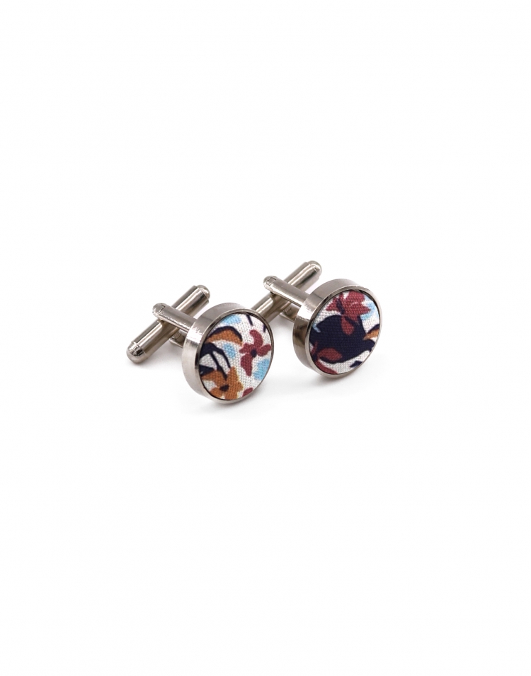 INARI - FLORAL CUFFLINKS - NAVY BLUE, CARAMEL & PINK