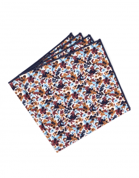 SIHWA - FLORAL POCKET SQUARE - BLUE, TERRACOTTA & CARAMEL