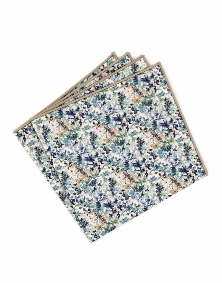 HART - FLORAL POCKET SQUARE - BLUE, PETROL GREEN & BEIGE