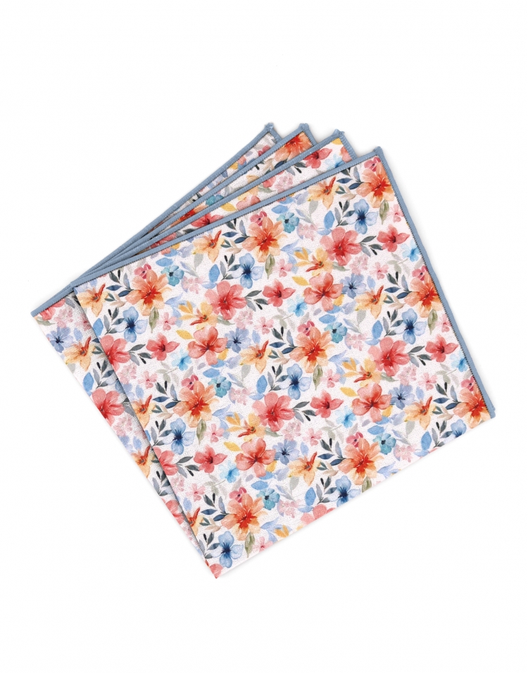 HARU - FLORAL POCKET SQUARE - ORANGE & BLUE