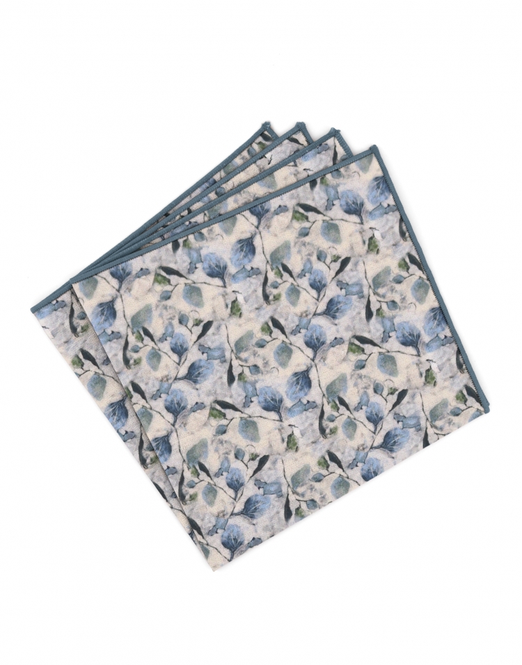 SHIDA - FLORAL POCKET SQUARE - GREEN, BEIGE & BLUE