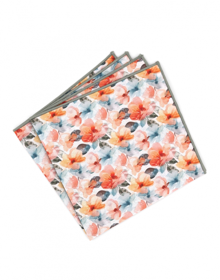 HANA - FLORAL POCKET SQUARE - ORANGE & AQUA GREEN