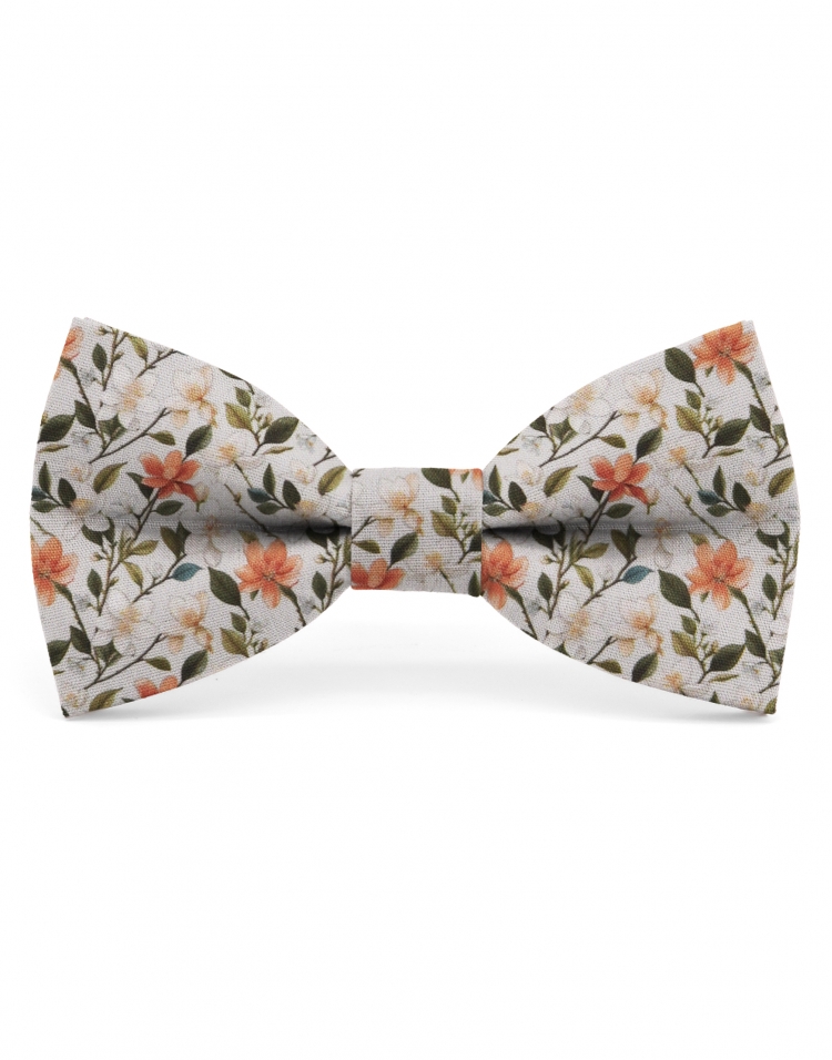 OHORI - NOEUD PAPILLON FLEURI - CLASSIC - VERT, ORANGE & GRIS CLAIR
