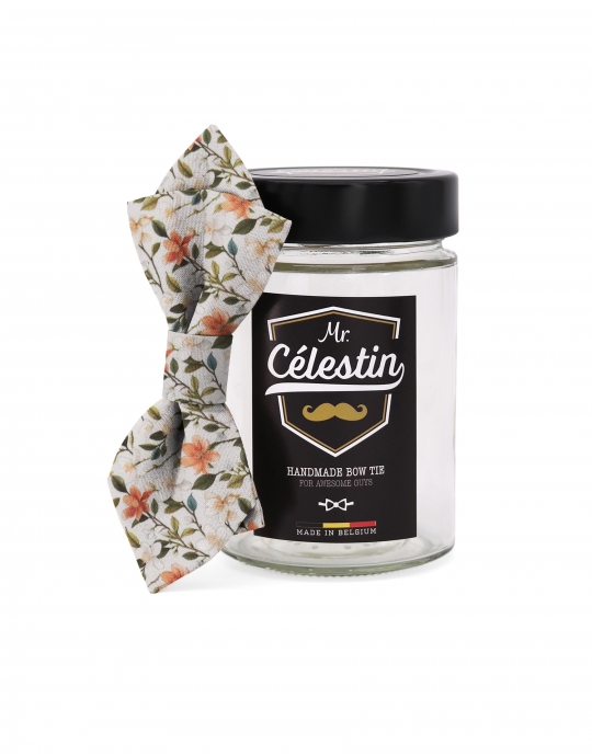 OHORI - NOEUD PAPILLON FLEURI - DIAMOND - VERT, ORANGE & GRIS CLAIR