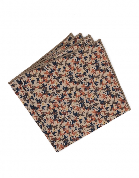 HAKATA - POCHETTE FLEURIE - BEIGE, ROUILLE, BRUN & BLEU MARINE