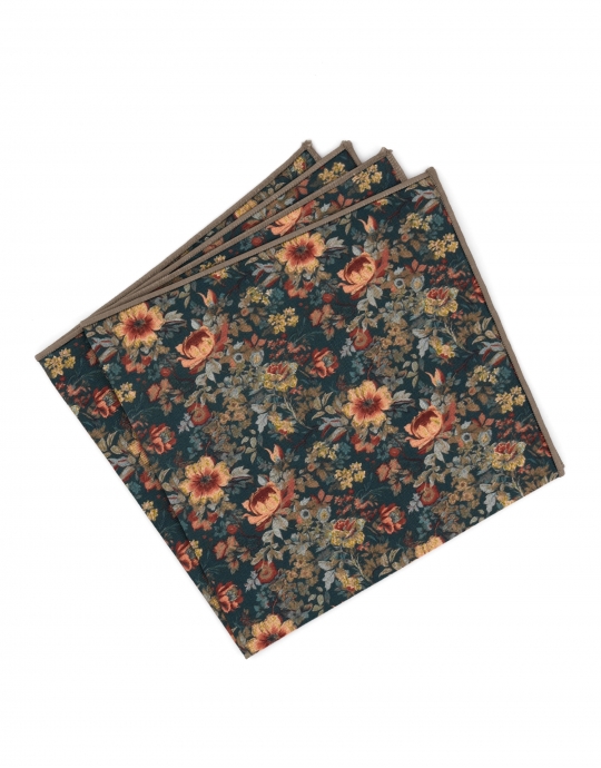 JAY - POCHETTE FLEURIE - PETROLE, ORANGE & BEIGE