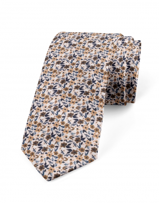 TERRY - FLORAL TIE - BROWN, BEIGE & NAVY BLUE