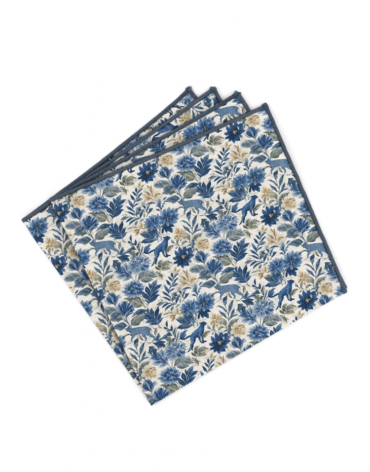 ROPPONGI - FLORAL POCKET SQUARE - BLUE & BEIGE