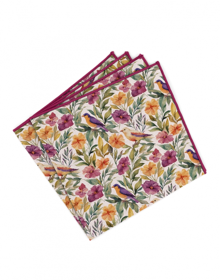 SENTOSA - FLORAL POCKET SQUARE - FUCHSIA, ORANGE & GREEN