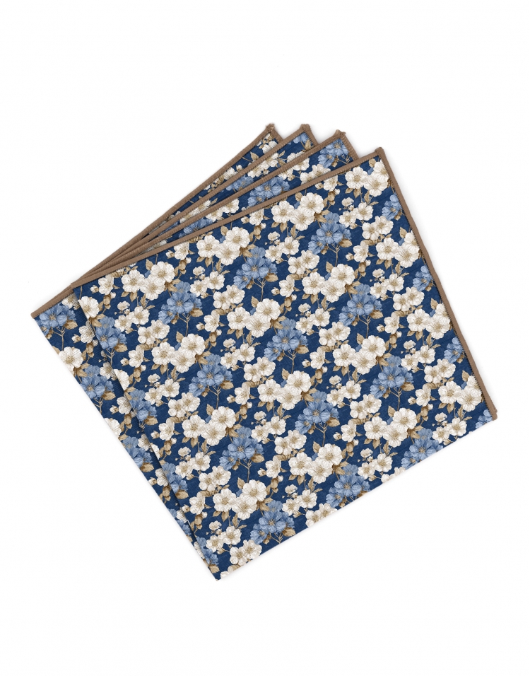 ORCHARD - FLORAL POCKET SQUARE - BLUE & BEIGE