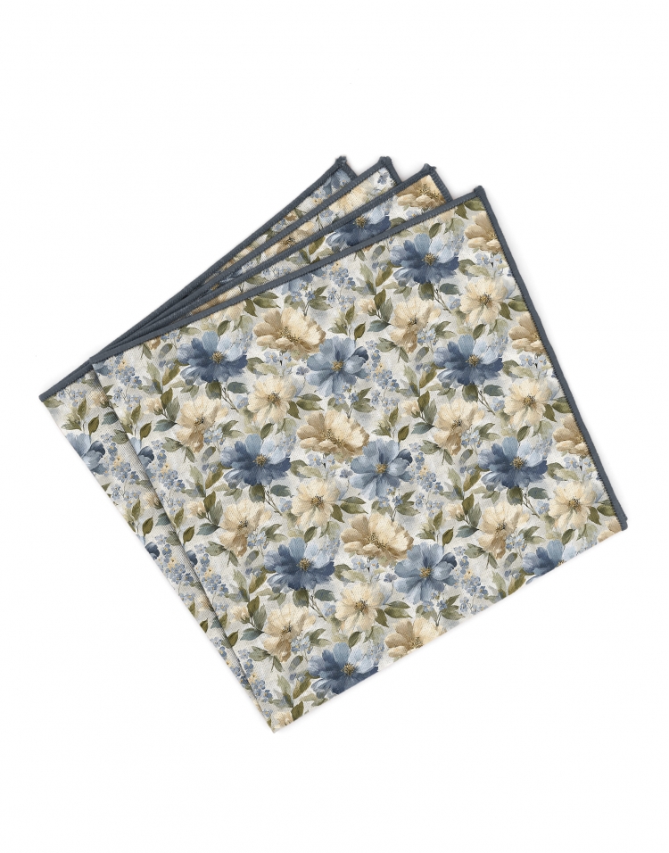 MONTAIGNE - FLORAL POCKET SQUARE - BLUE, BEIGE & KHAKI