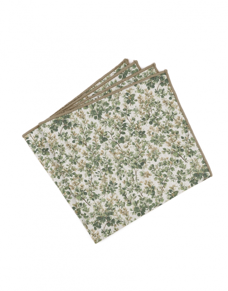 CANOPY - FLORAL LINEN POCKET SQUARE - BEIGE & GREEN