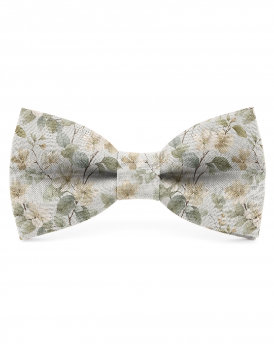 MEMORY - NOEUD PAPILLON FLEURI EN LIN - BEIGE & VERT SAUGE
