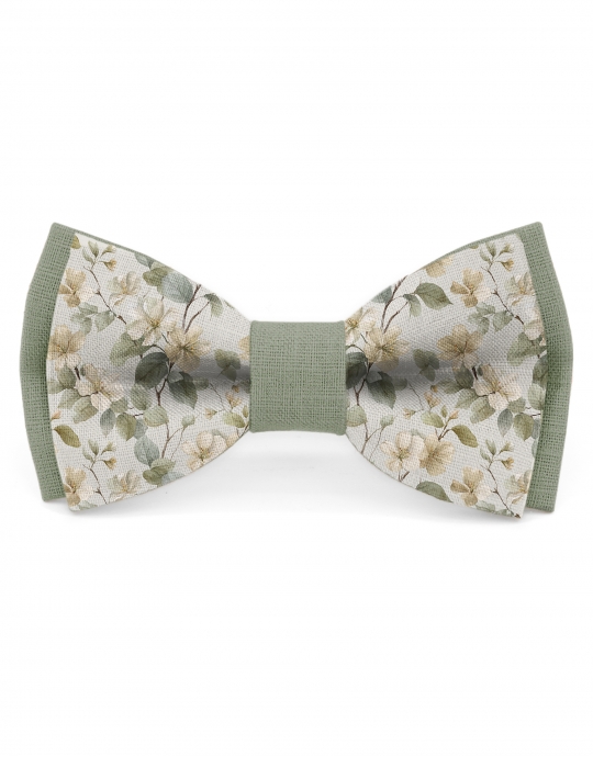 MEMORY - NOEUD BICOLORE FLEURI EN LIN - BEIGE & VERT