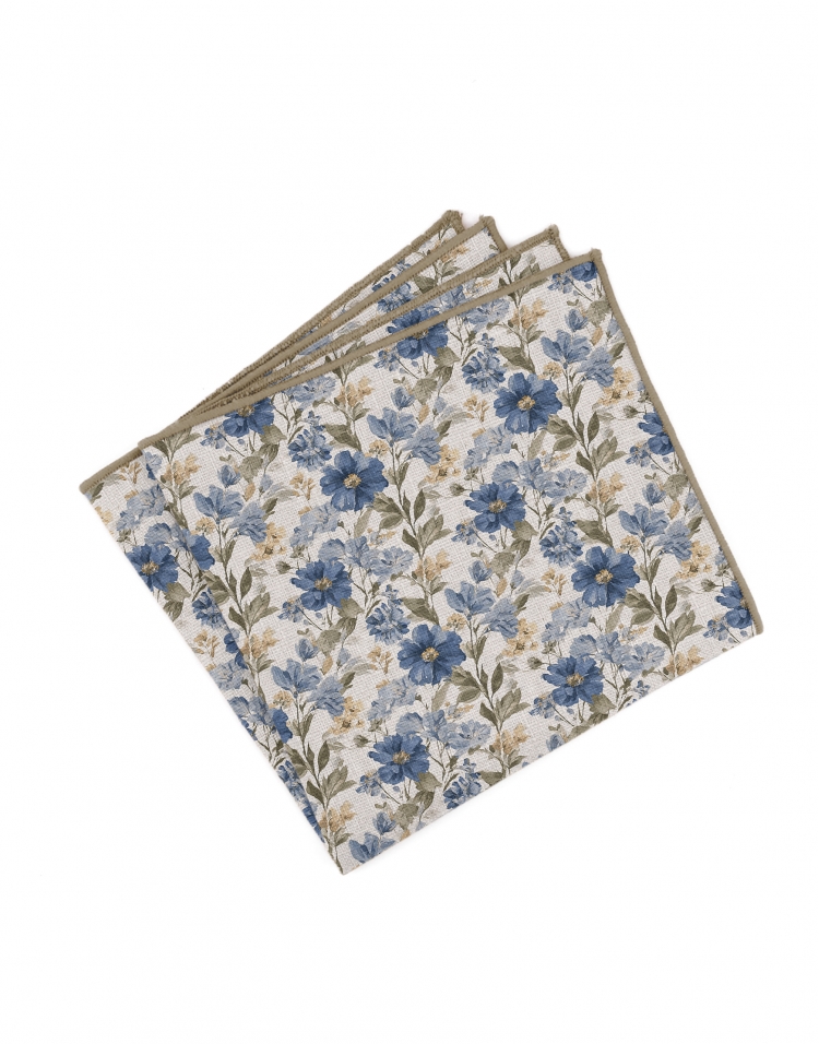 WONDER - FLORAL LINEN POCKET SQUARE - BEIGE, BLUE & KHAKI