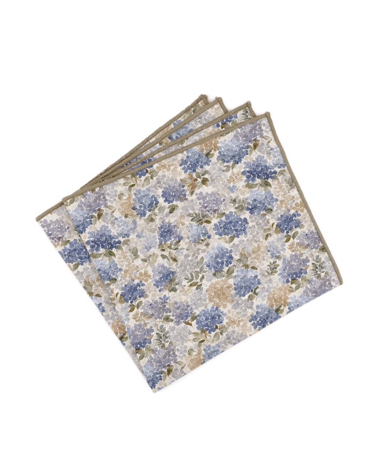 SERENE - FLORAL LINEN POCKET SQUARE - BEIGE & BLUE