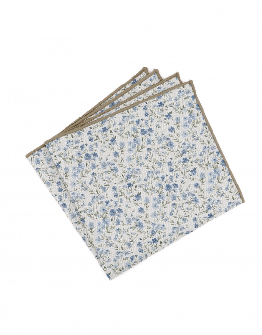 TENDER - FLORAL LINEN POCKET SQUARE - BEIGE, BLUE & GREEN