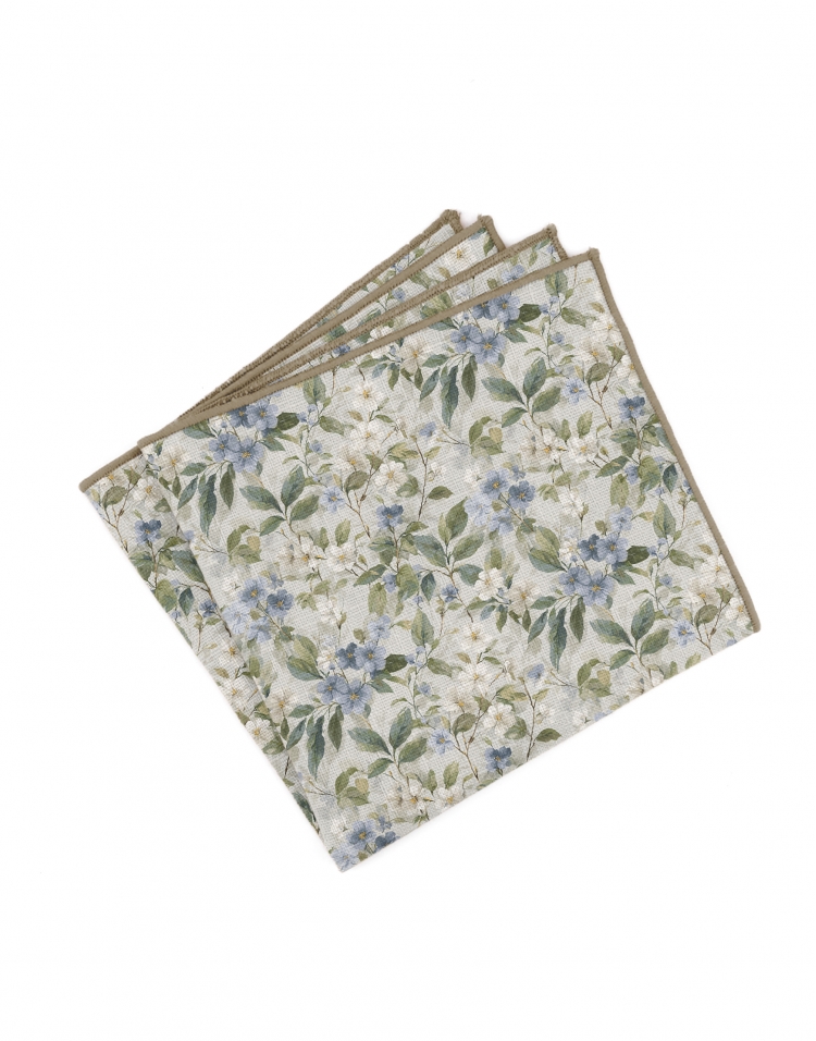 FLOW - FLORAL LINEN POCKET SQUARE - BEIGE, GREEN & BLUE