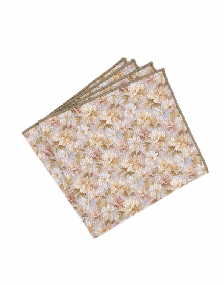 AURA - FLORAL LINEN POCKET SQUARE - BEIGE & TERRACOTTA