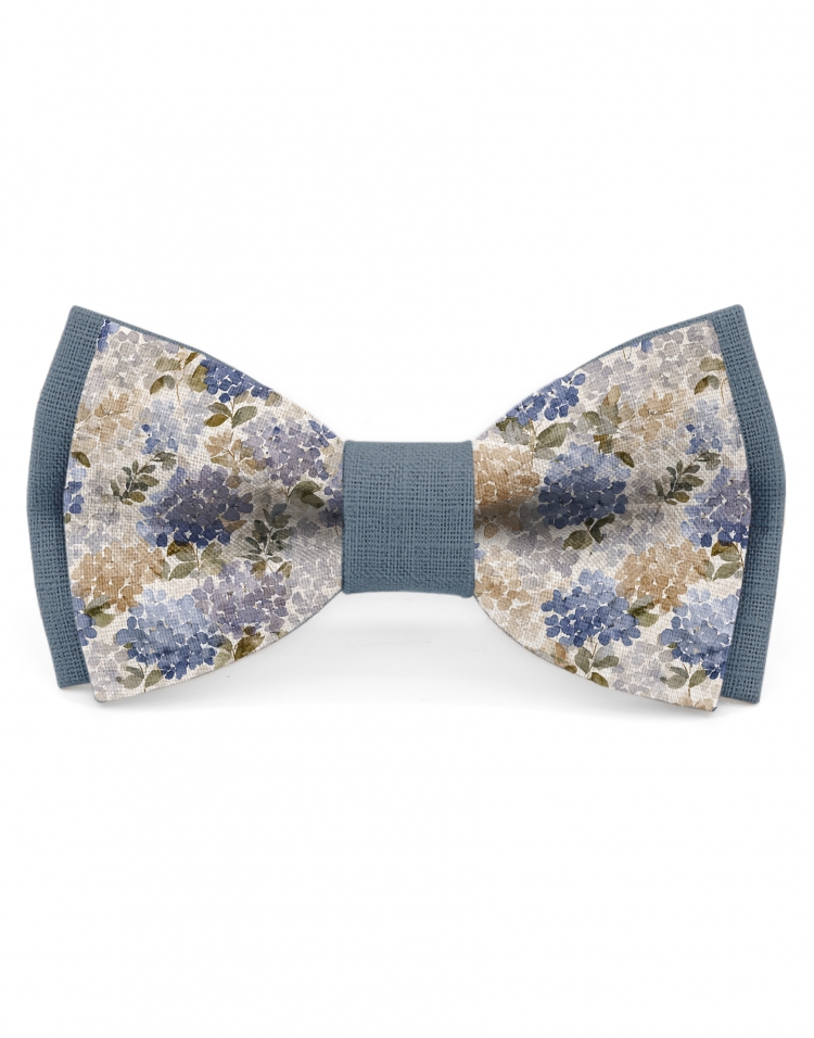 SERENE - NOEUD BICOLORE FLEURI EN LIN - BEIGE & BLEU