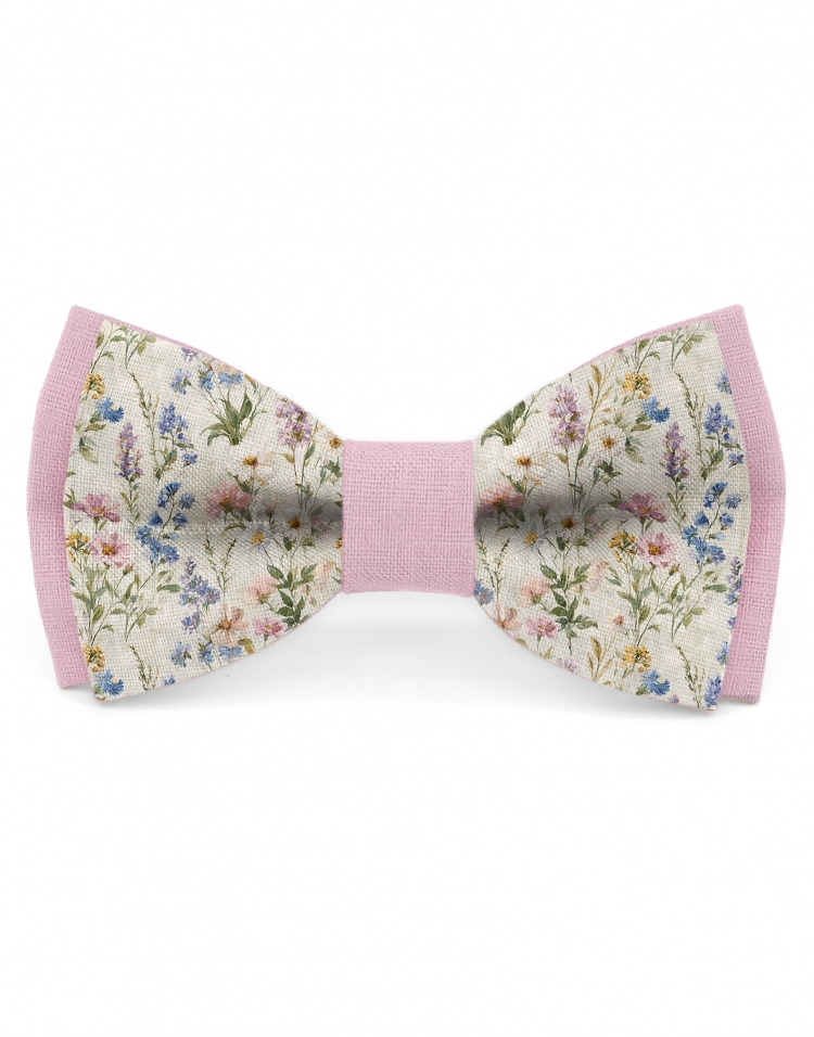 BLISS - BICOLOR FLORAL LINEN BOW TIE - PINK & BEIGE
