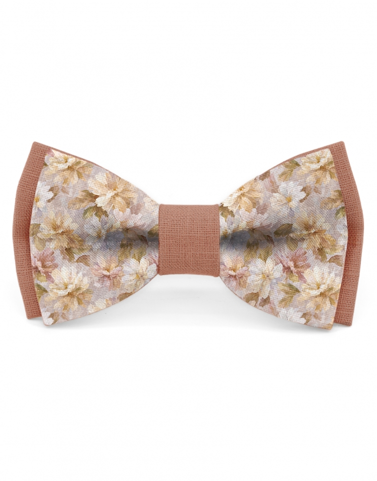 AURA - BICOLOR FLORAL LINEN BOW TIE - BEIGE & TERRACOTTA
