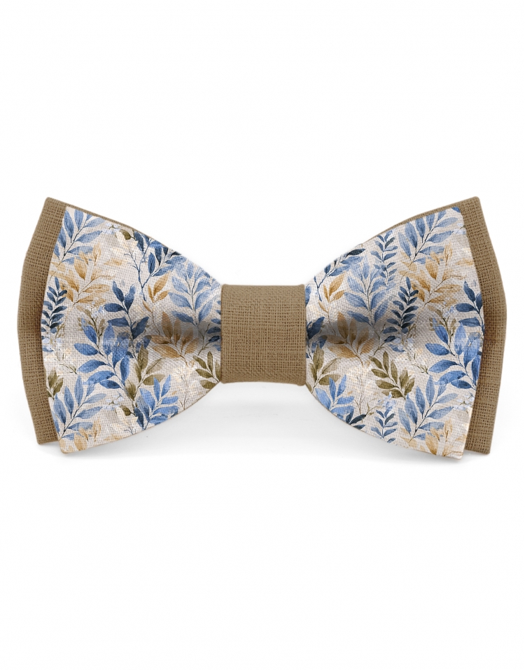 ECHO - NOEUD BICOLORE FLEURI EN LIN - BEIGE & BLEU