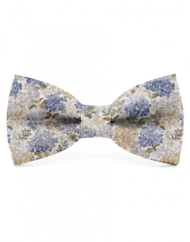 SERENE - NOEUD PAPILLON FLEURI EN LIN - BEIGE & BLEU