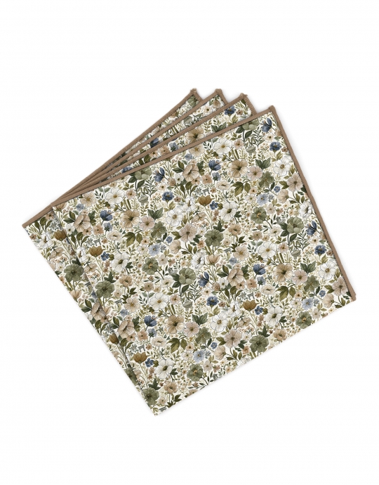 FUREN - FLORAL POCKET SQUARE - BEIGE, KHAKI & SAGE GREEN