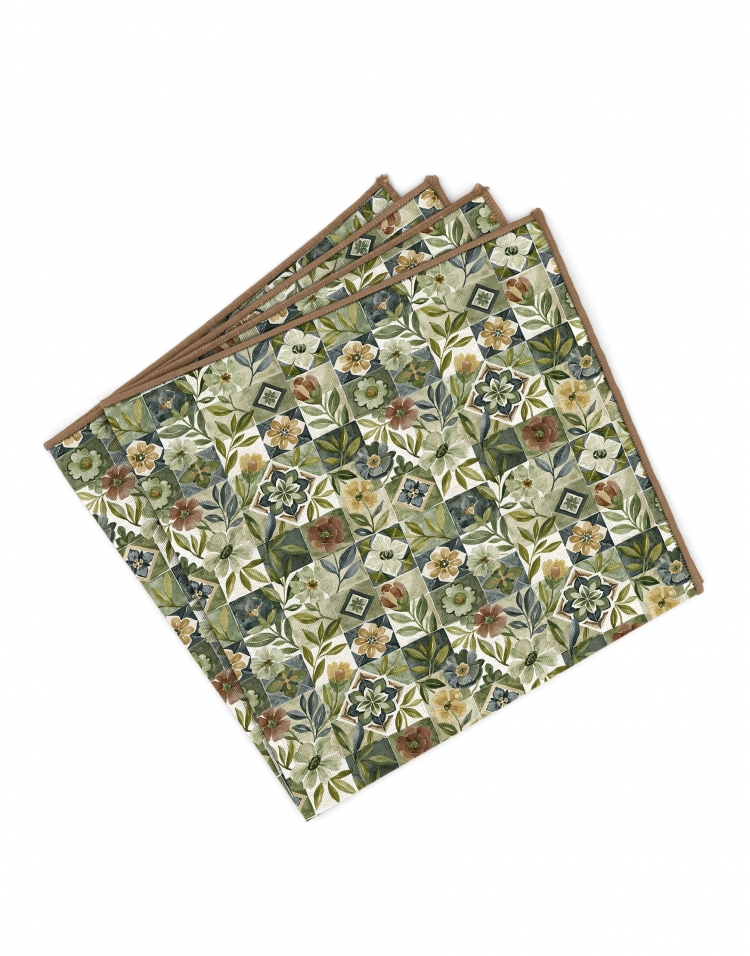 AKAN - FLORAL POCKET SQUARE - KHAKI & SAGE GREEN