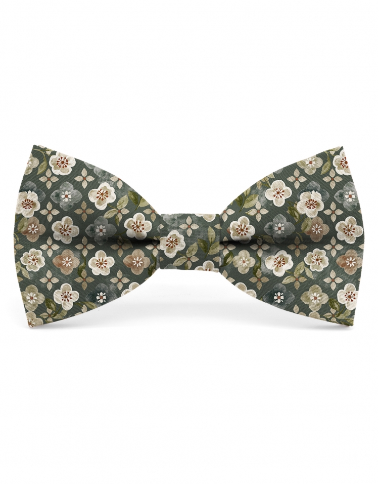 PORO - NOEUD PAPILLON FLEURI - CLASSIC - VERT KAKI, BEIGE & TERRACOTTA