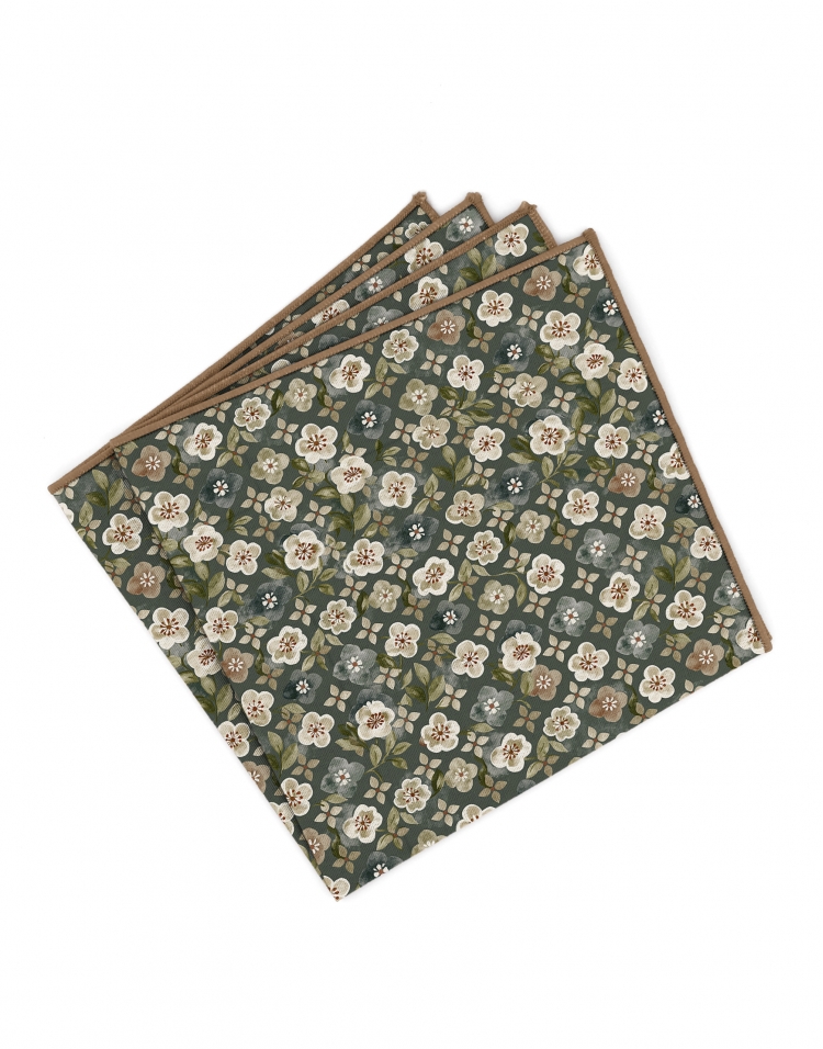 PORO - FLORAL POCKET SQUARE - KHAKI GREEN, BEIGE & TERRACOTTA