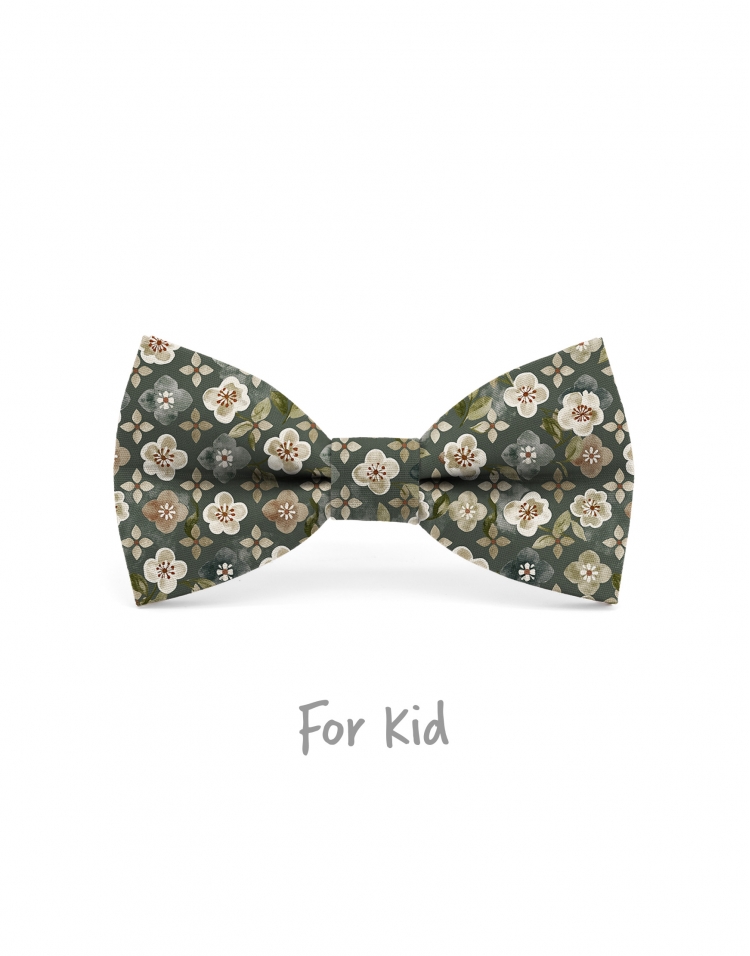 PORO - KID or TEEN BOW TIE - KHAKI GREEN, BEIGE & TERRACOTTA