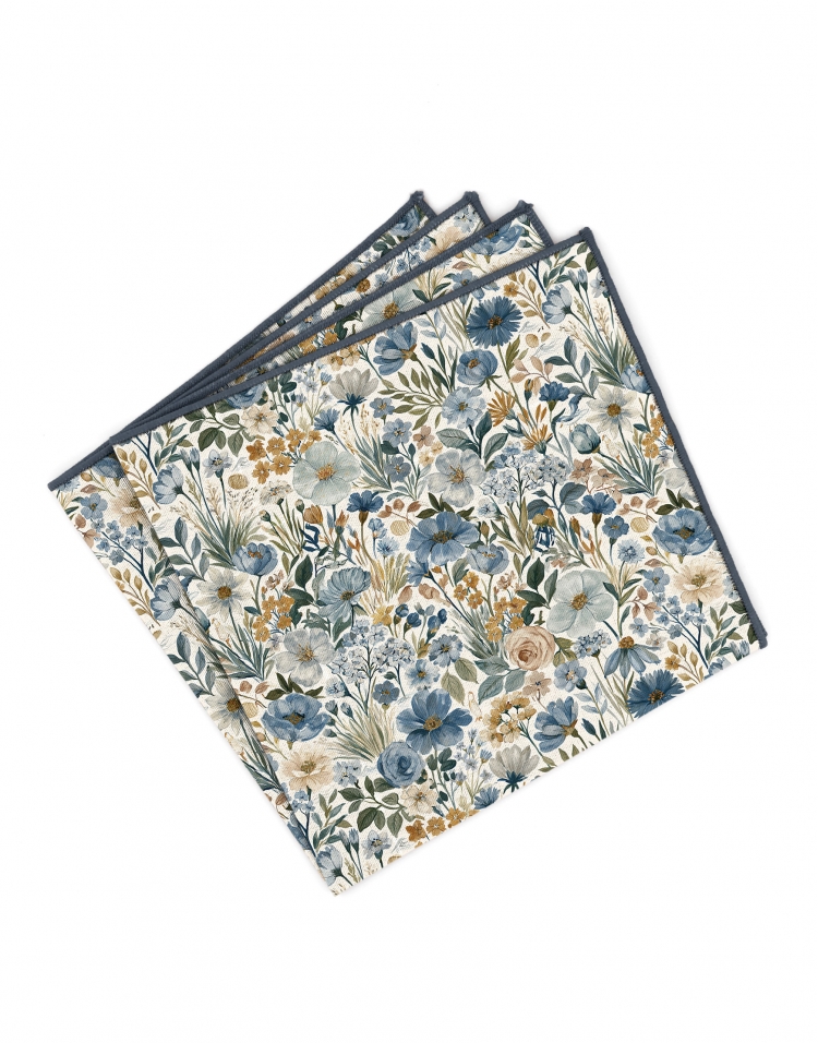 TOMARI - FLORAL POCKET SQUARE - BLUE, OCHRE & GREEN