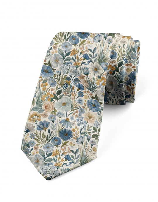 TOMARI - CRAVATE FLEURIE - BLEU, OCHRE & VERT
