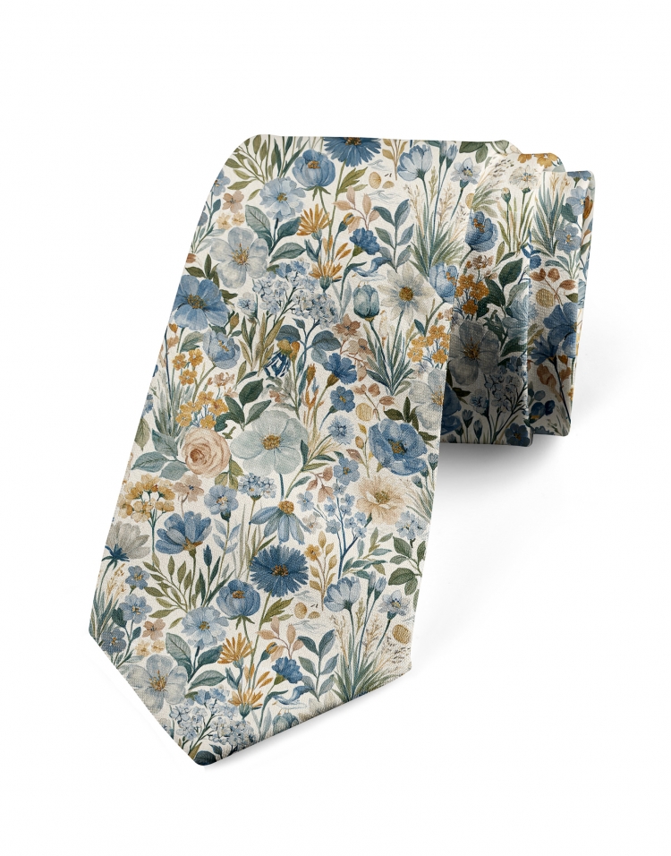 TOMARI - CRAVATE FLEURIE - BLEU, OCHRE & VERT