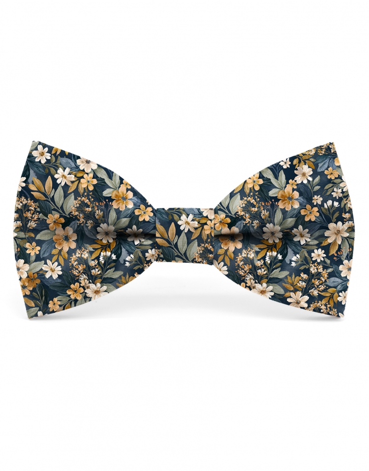 OTARU - NOEUD PAPILLON FLEURI - CLASSIC - BLEU MARINE & JAUNE OCHRE