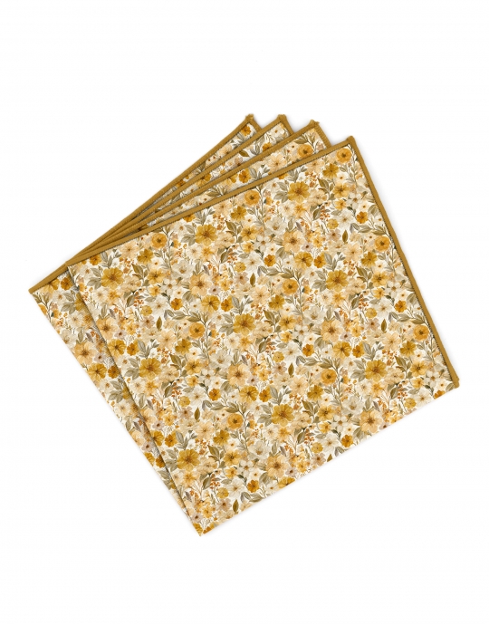 FUTORO - FLORAL POCKET SQUARE - OCHRE YELLOW & BEIGE