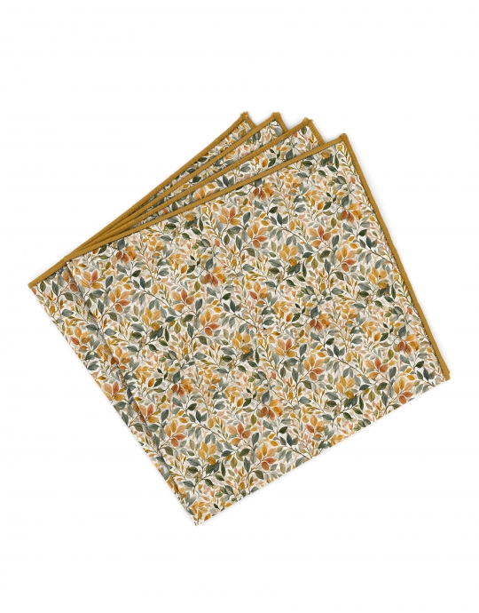KINOKO - FLORAL POCKET SQUARE - OCHRE YELLOW & GREEN
