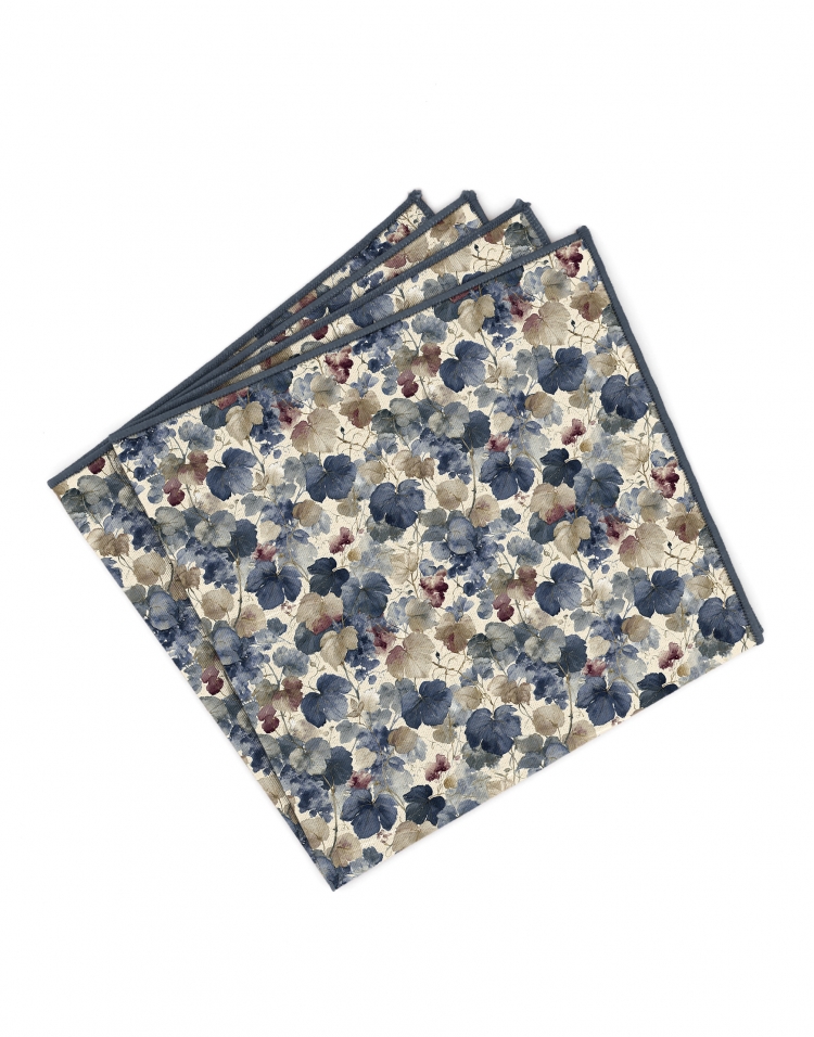 BUDO - FLORAL POCKET SQUARE - BLUE, BURGUNDY & BEIGE