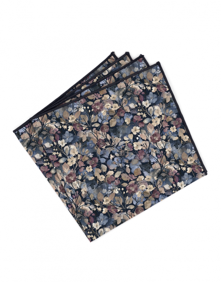 KAMUI - POCHETTE FLEURIE - BLEU MARINE, BORDEAUX & BEIGE