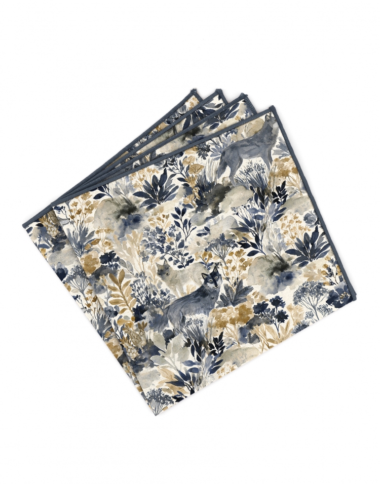 RAKKO - FLORAL POCKET SQUARE - BLUE, GREY & BEIGE