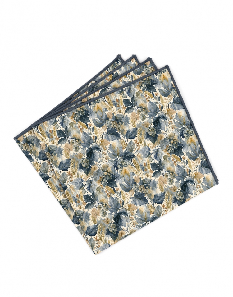 HOPPU - FLORAL POCKET SQUARE - BLUE & OCHRE YELLOW